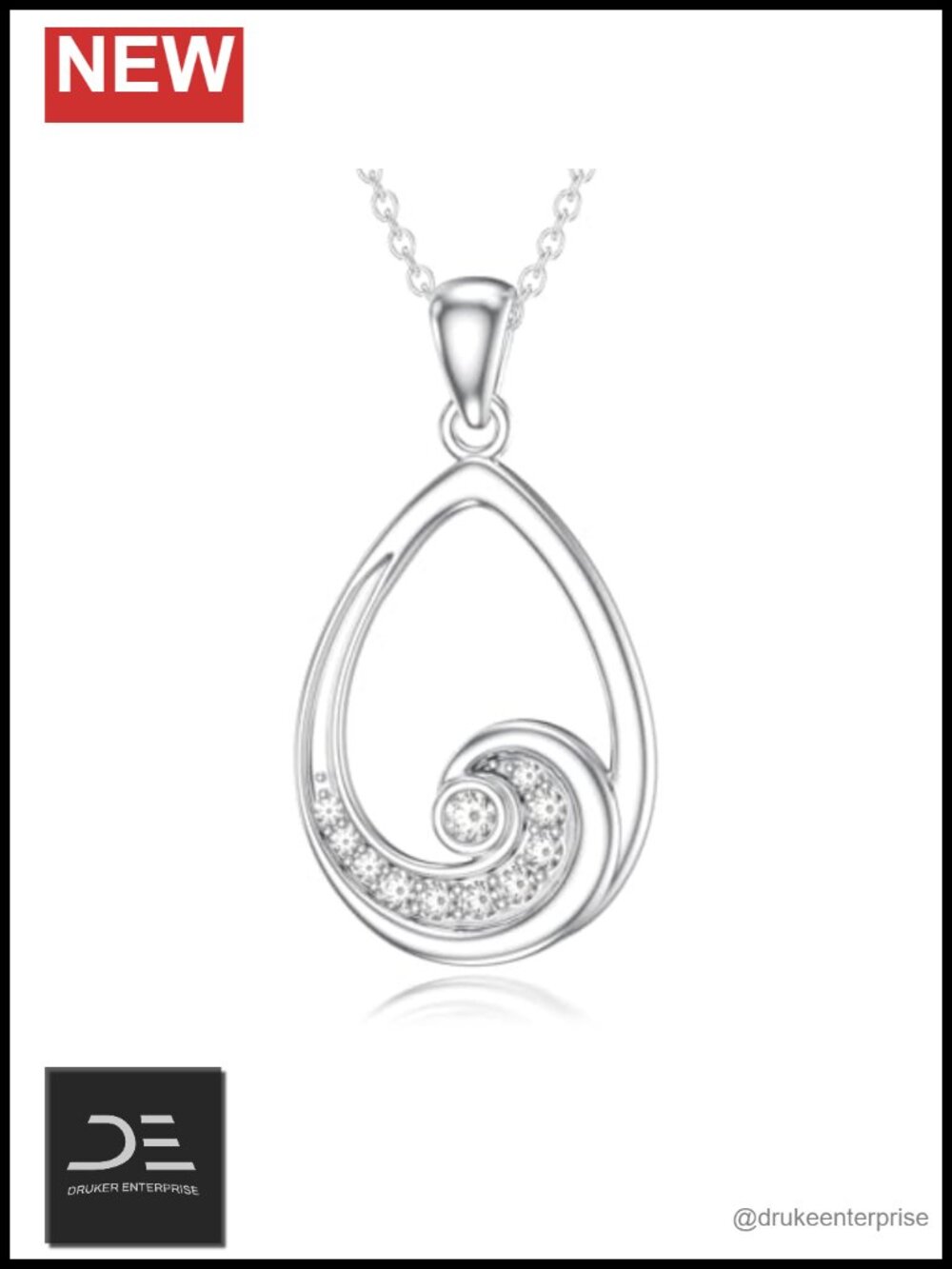 925 Sterling Silver Ocean Wave Teardrop Pendant Necklace with Lab Grown Diamond